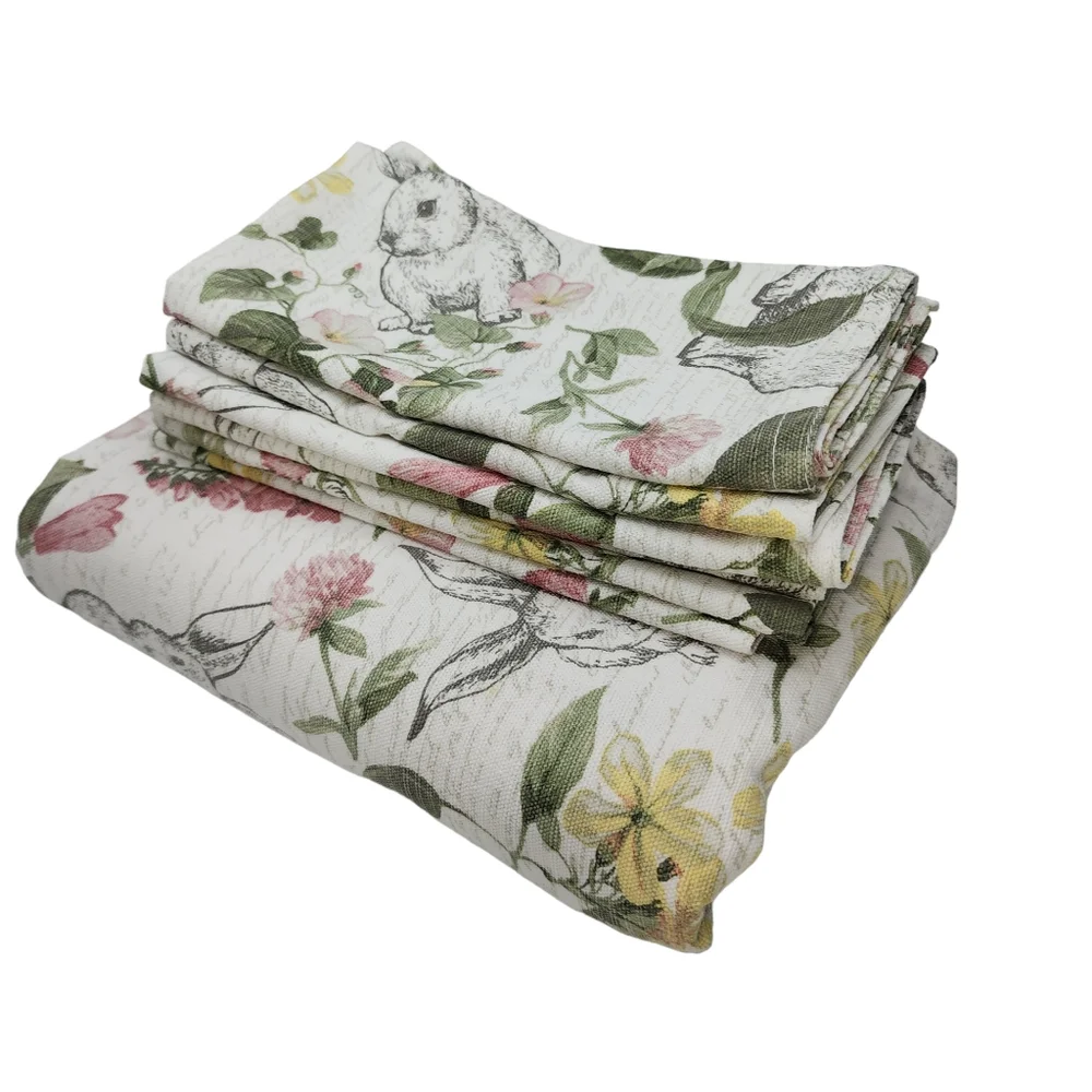 60x75 Oblong Tablecloth and Napkins Set with Flowers and‎ Bunnies Printed - USED